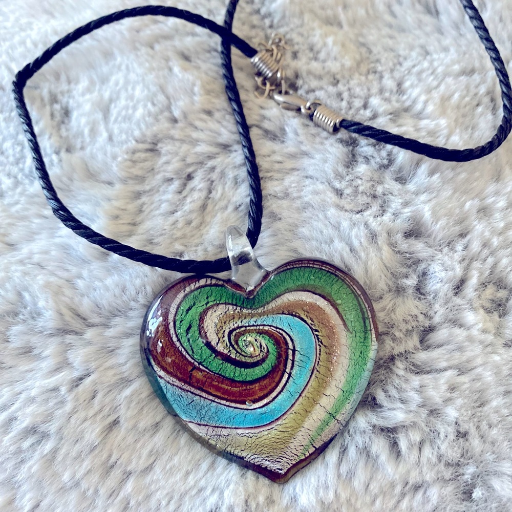 Art Glass Heart Shaped Pendant Jewelry Brown Green